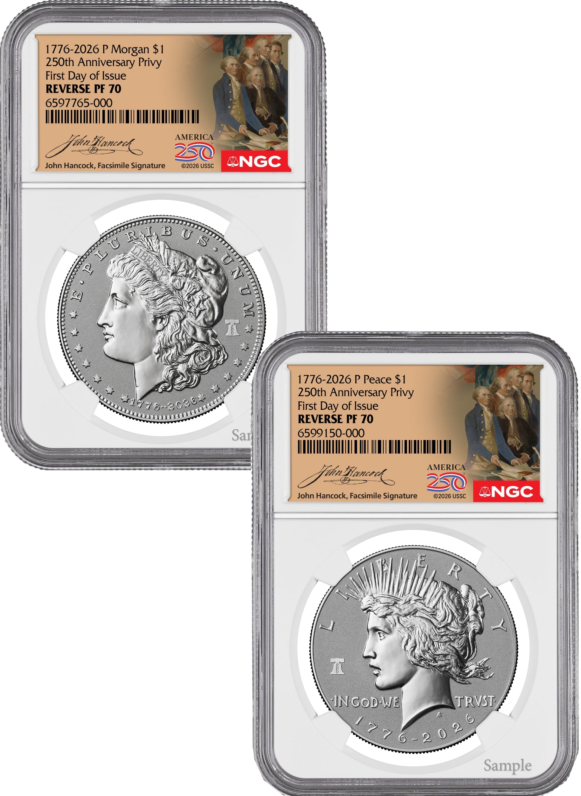 2026-P Morgan and Peace Dollar Reverse Proof 2-Coin Set NGC PF70 FDOI Hancock Label
