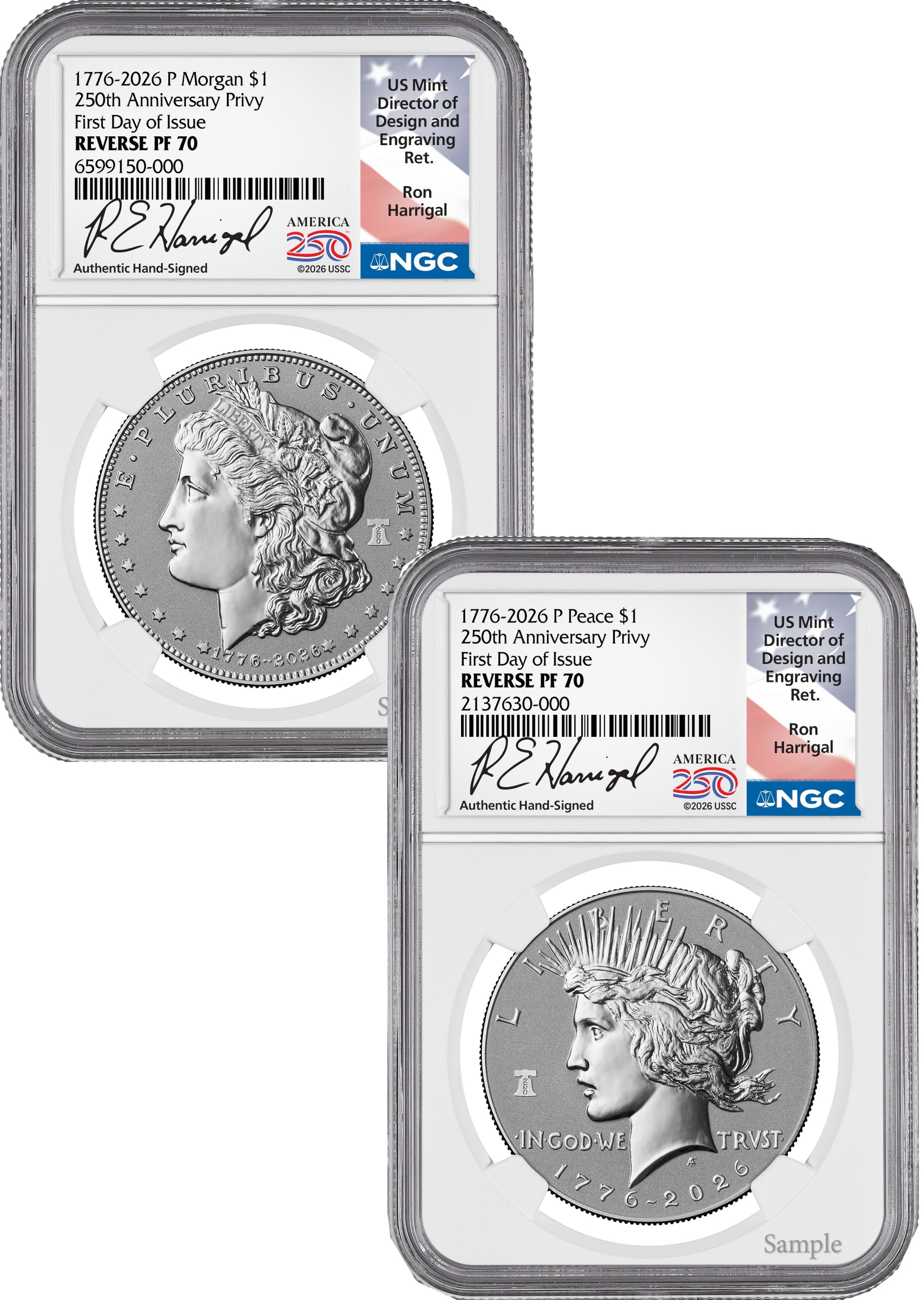 2026-P Morgan and Peace Dollar Reverse Proof 2-Coin Set NGC PF70 FDOI Harrigal America 250 Label