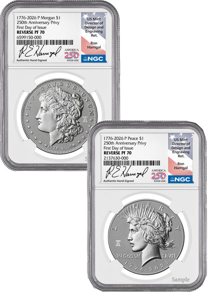 2026-P Morgan and Peace Dollar Reverse Proof 2-Coin Set NGC PF70 FDOI Harrigal America 250 Label