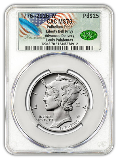 2026-W (1776-2026) $25 Dual Date Liberty Bell Privy Palladium Eagle AD CAC MS70 Founders
