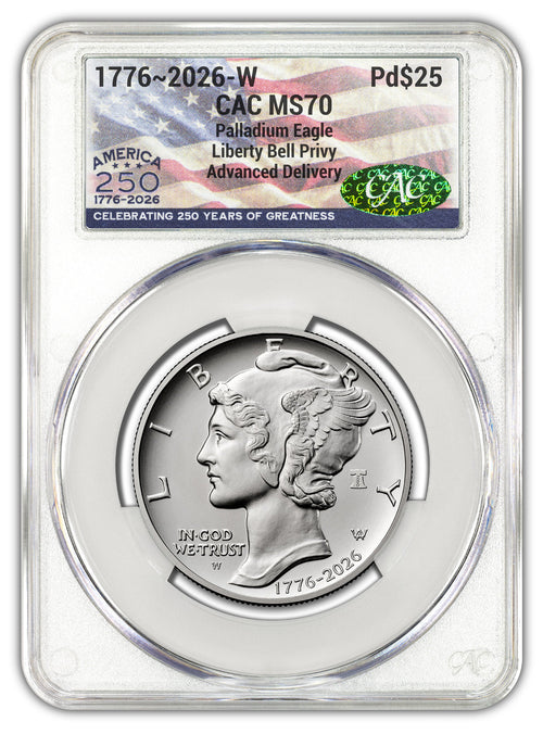 2026-W (1776-2026) $25 Dual Date Liberty Bell Privy Palladium Eagle AD CAC MS70 Flag
