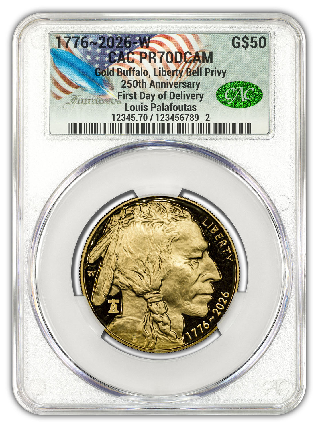 2026-W 1 oz Proof Gold Buffalo FDD 250 Liberty Bell CAC PR70 (1776-2026) Founders