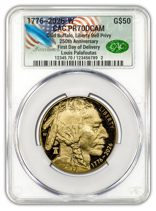 2026-W 1 oz Proof Gold Buffalo FDD 250 Liberty Bell CAC PR70 (1776-2026) Founders