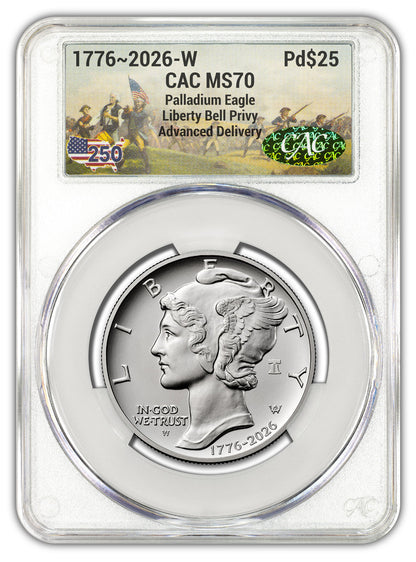 2026-W (1776-2026) $25 Dual Date Liberty Bell Privy Palladium Eagle AD CAC MS70 Battlefield