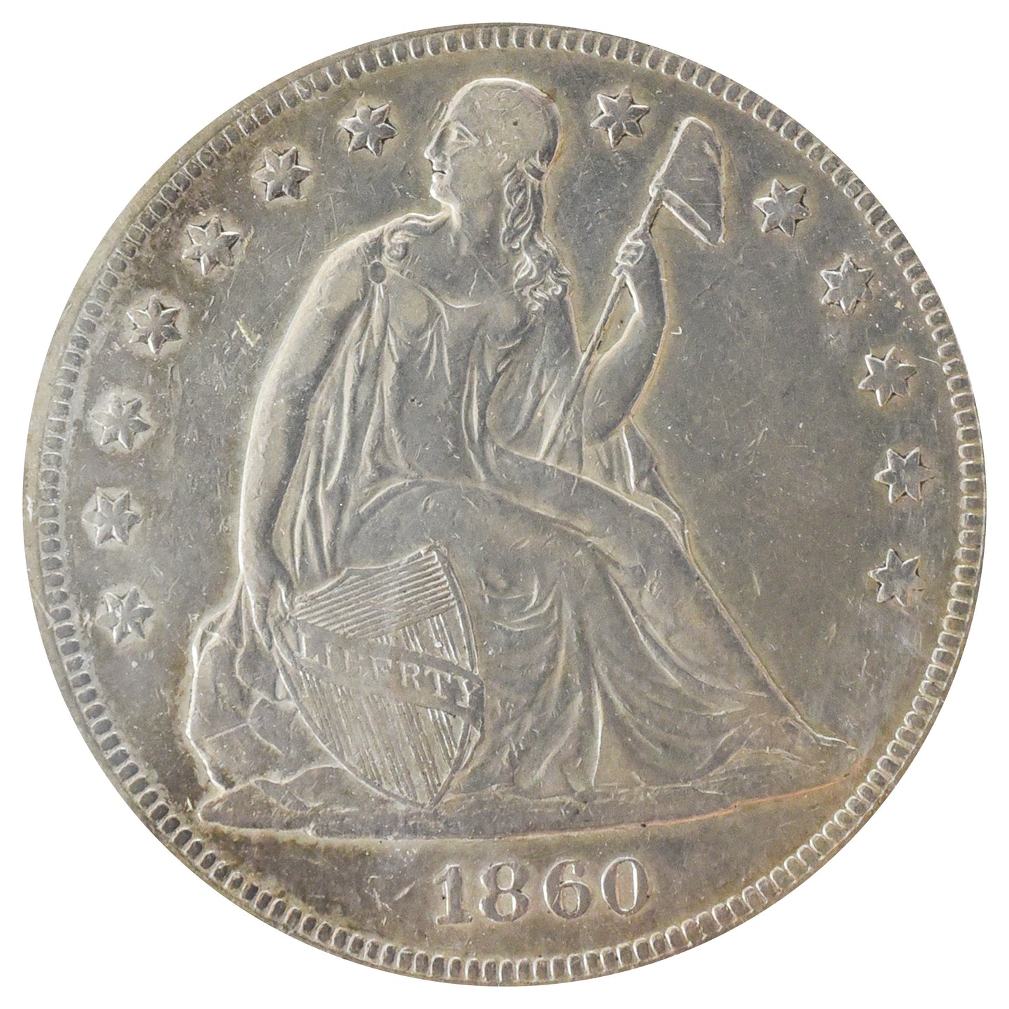 1860-O Seated Liberty Dollar - AU Details (Cleaned)