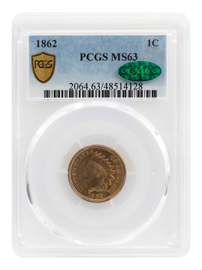 PCGS 1862 Indian Head Cent MS 63 with CAC "Green Bean"