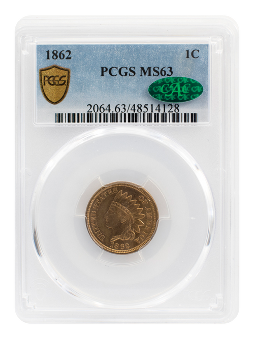 PCGS 1862 Indian Head Cent MS 63 with CAC "Green Bean"