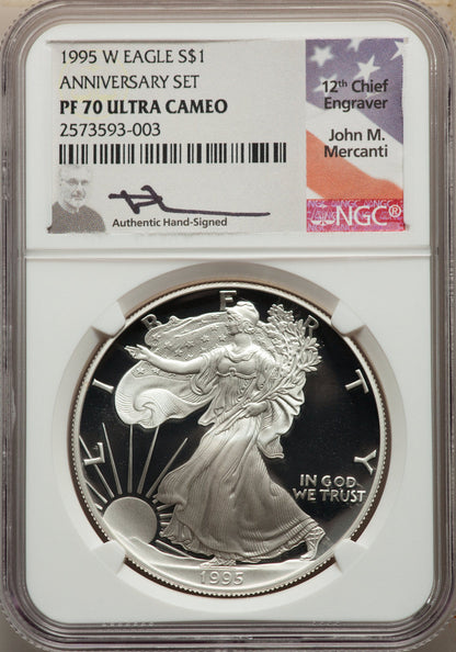 1995-W Complete 5 Coin American Gold and Silver Eagle 10th Anniversary Set NGC PF70UCAM John Mercanti Signed