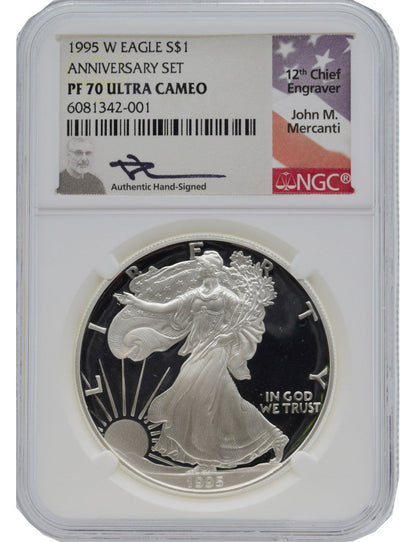 1986-2021 Silver Eagle 36-pc set NGC PF70 Mercanti Signed with 1995-W