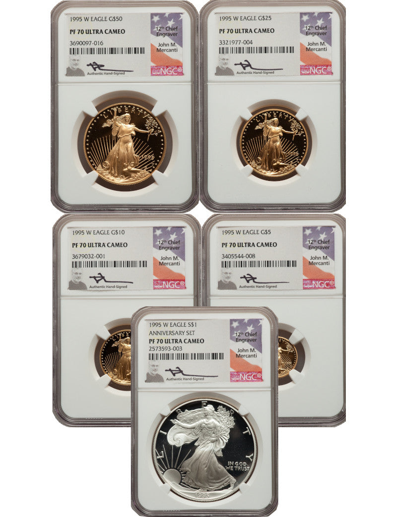 1995-W Complete 5 Coin American Gold and Silver Eagle 10th Anniversary Set NGC PF70UCAM John Mercanti Signed