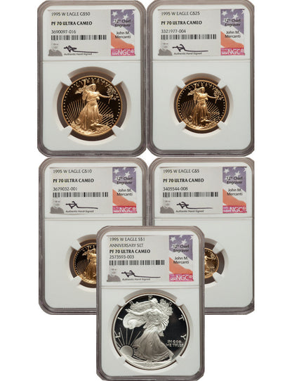 1995-W Complete 5 Coin American Gold and Silver Eagle 10th Anniversary Set NGC PF70UCAM John Mercanti Signed
