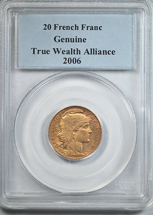 1907 French Gold 20F Franc PCGS Genuine with Original David Hall Rare Coins Sticker