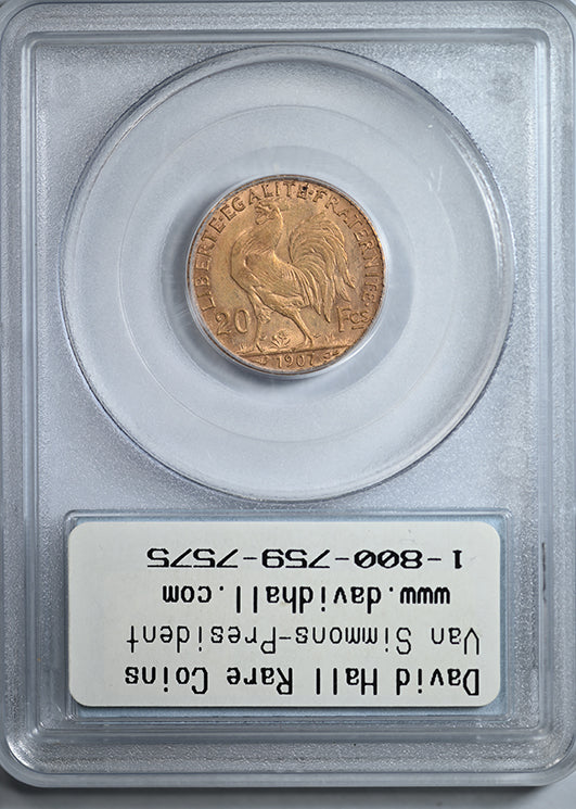 1907 French Gold 20F Franc PCGS Genuine with Original David Hall Rare Coins Sticker