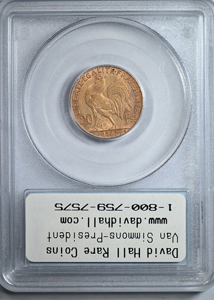 1907 French Gold 20F Franc PCGS Genuine with Original David Hall Rare Coins Sticker