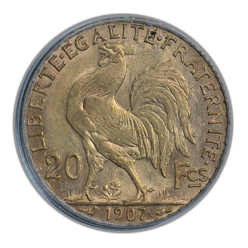 1907 French Gold 20F Franc PCGS Genuine with Original David Hall Rare Coins Sticker