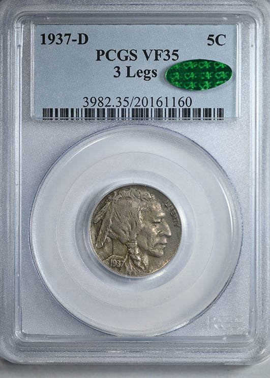1937-D Buffalo Nickel 5C PCGS VF35 CAC - 3 Legs