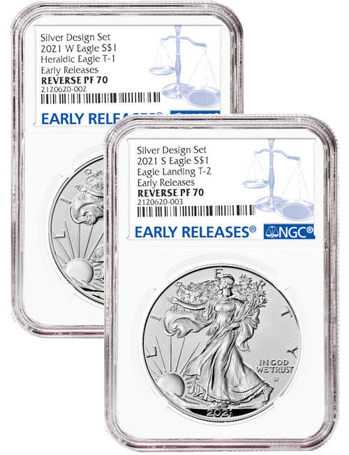 2021-S 2021-W Two-Coin Silver Eagle Set Reverse Proof Type 1 & 2 Designer Edition ER NGC PF70