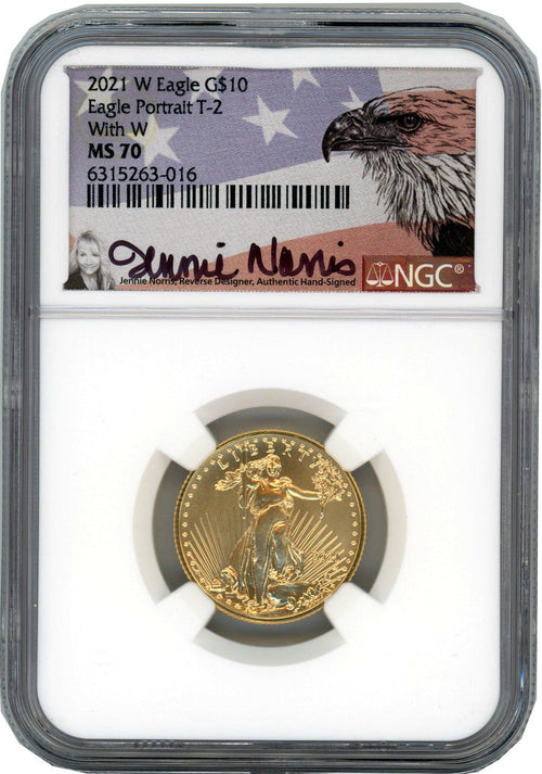 2021-W $10 Mint Error Gold Eagle T-2 With W NGC MS70 Jennie Norris Signed