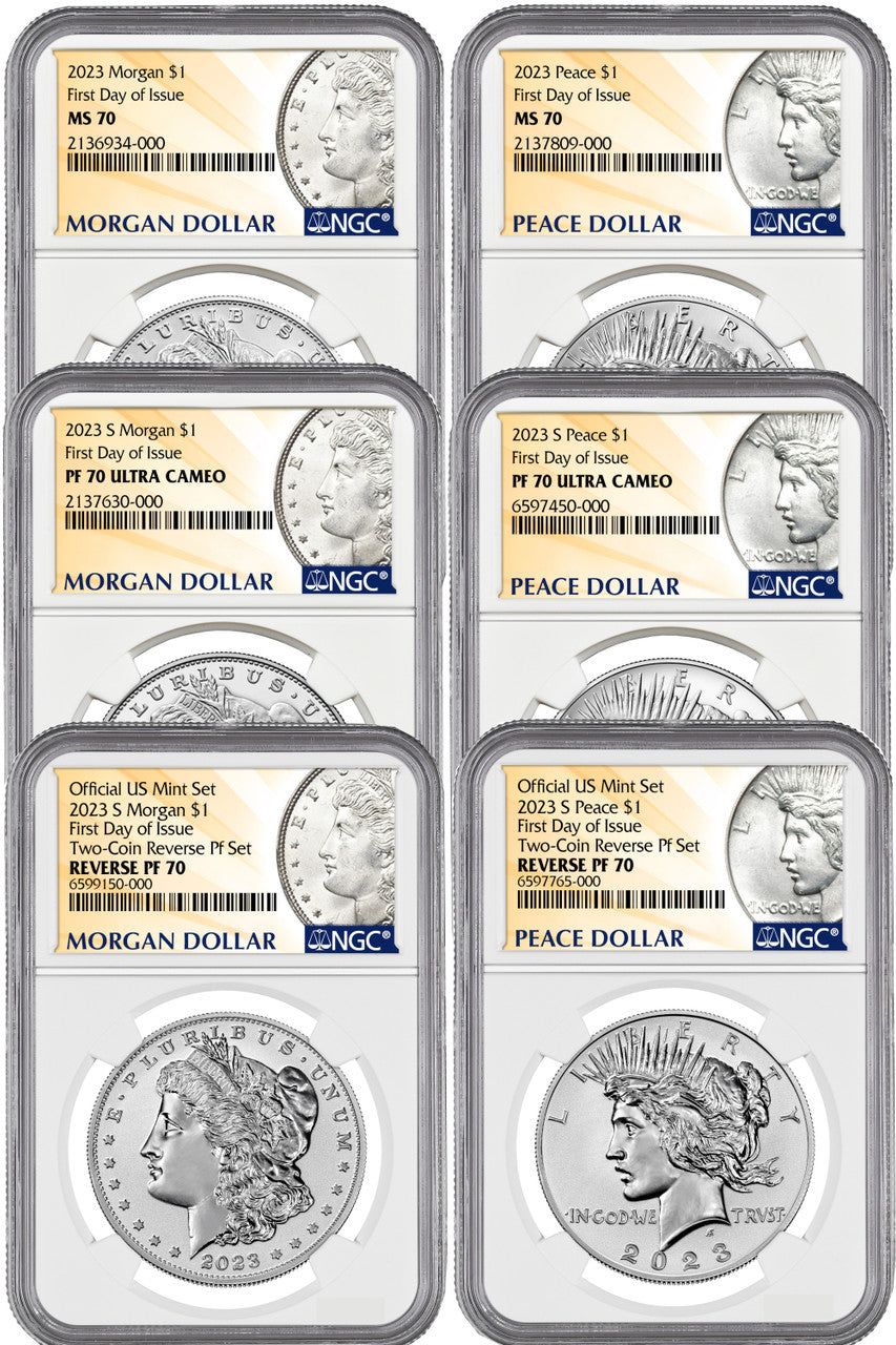 2023 6 Coin Morgan & Peace Dollar Set MS/PR/REV FDI Morgan/Peace Label NGC PF70