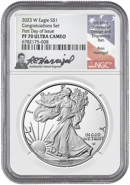 2023-W Silver Eagle First Day of Issue Congratulations Set NGC PF70 Harrigal