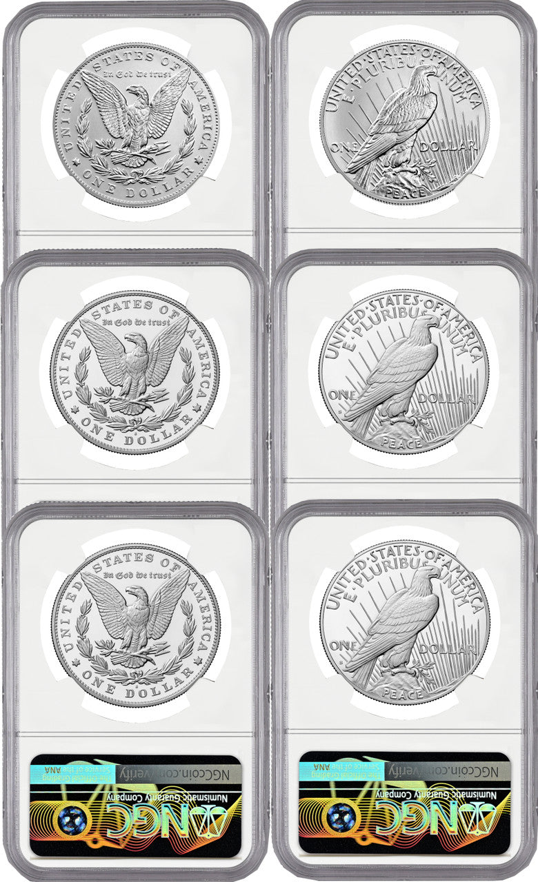 2023 6 Coin Morgan & Peace Dollar Set MS/PR/REV FDI Morgan/Peace Label NGC PF70