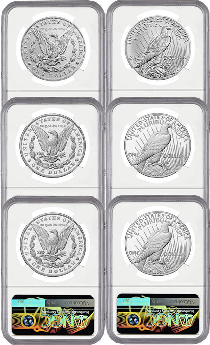 2023 6 Coin Morgan & Peace Dollar Set MS/PR/REV FDI Morgan/Peace Label NGC PF70