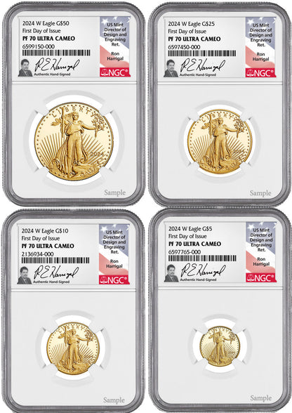 2024 W Gold Eagle 4-Coin Set FDI NGC PF70 Ultra Cameo Ron Harrigal Signed