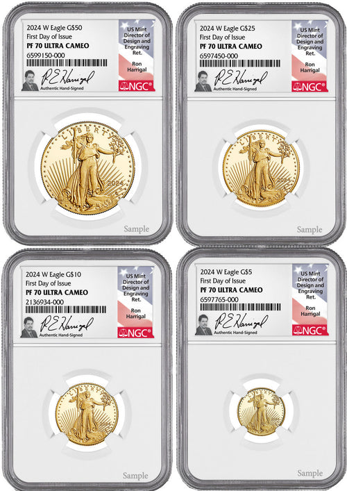 2024 W Gold Eagle 4-Coin Set FDI NGC PF70 Ultra Cameo Ron Harrigal Signed