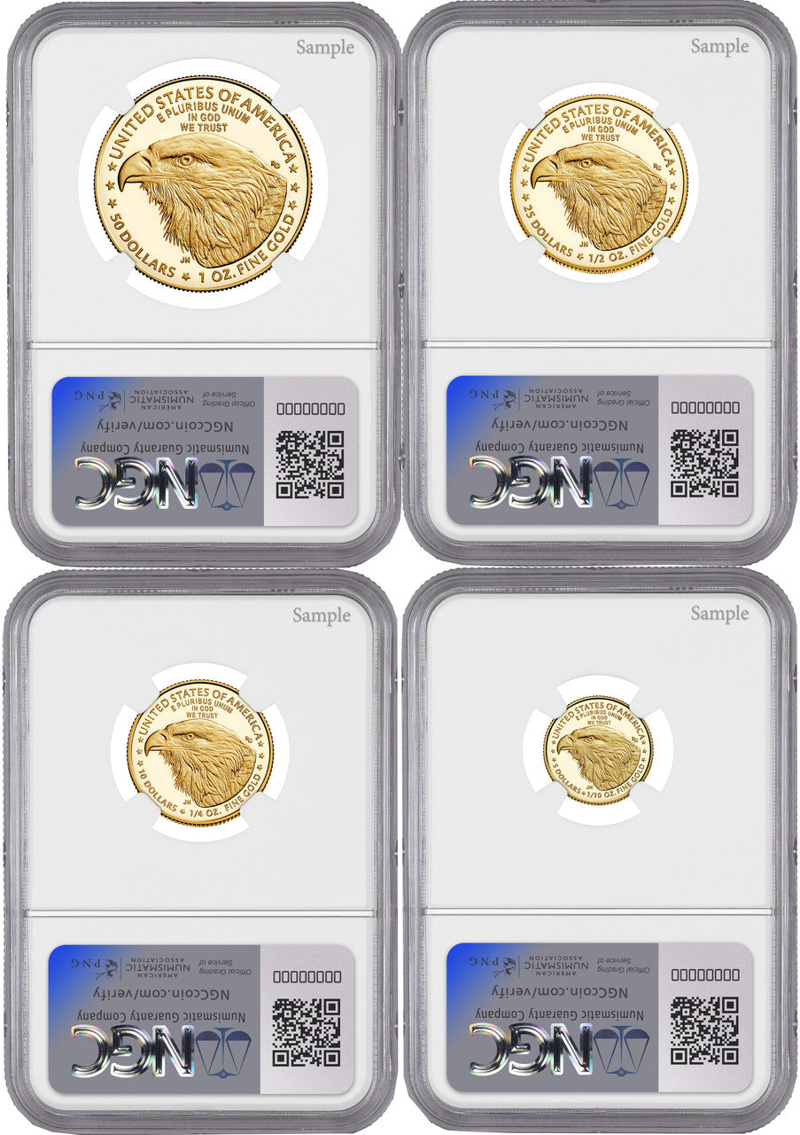 2024 W Gold Eagle 4-Coin Set FDI NGC PF70 Ultra Cameo Ron Harrigal Signed