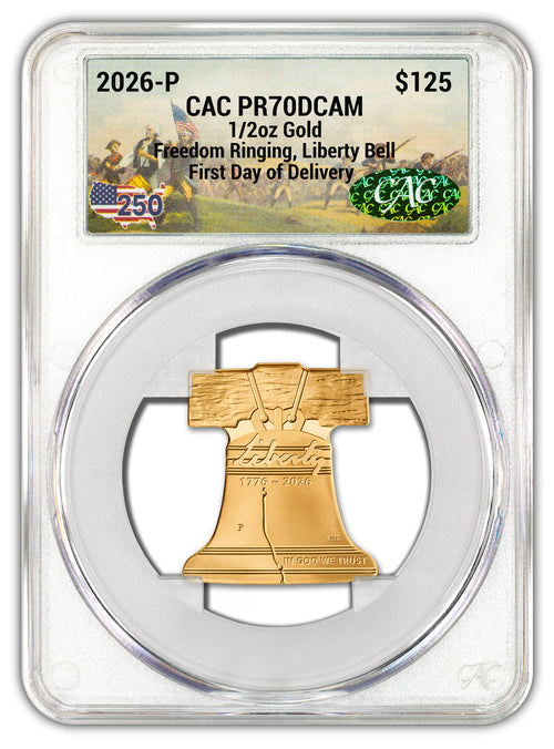 2026-P Freedom Ringing Liberty Bell 1/2 oz Gold Coin CAC PR70 Battlefield