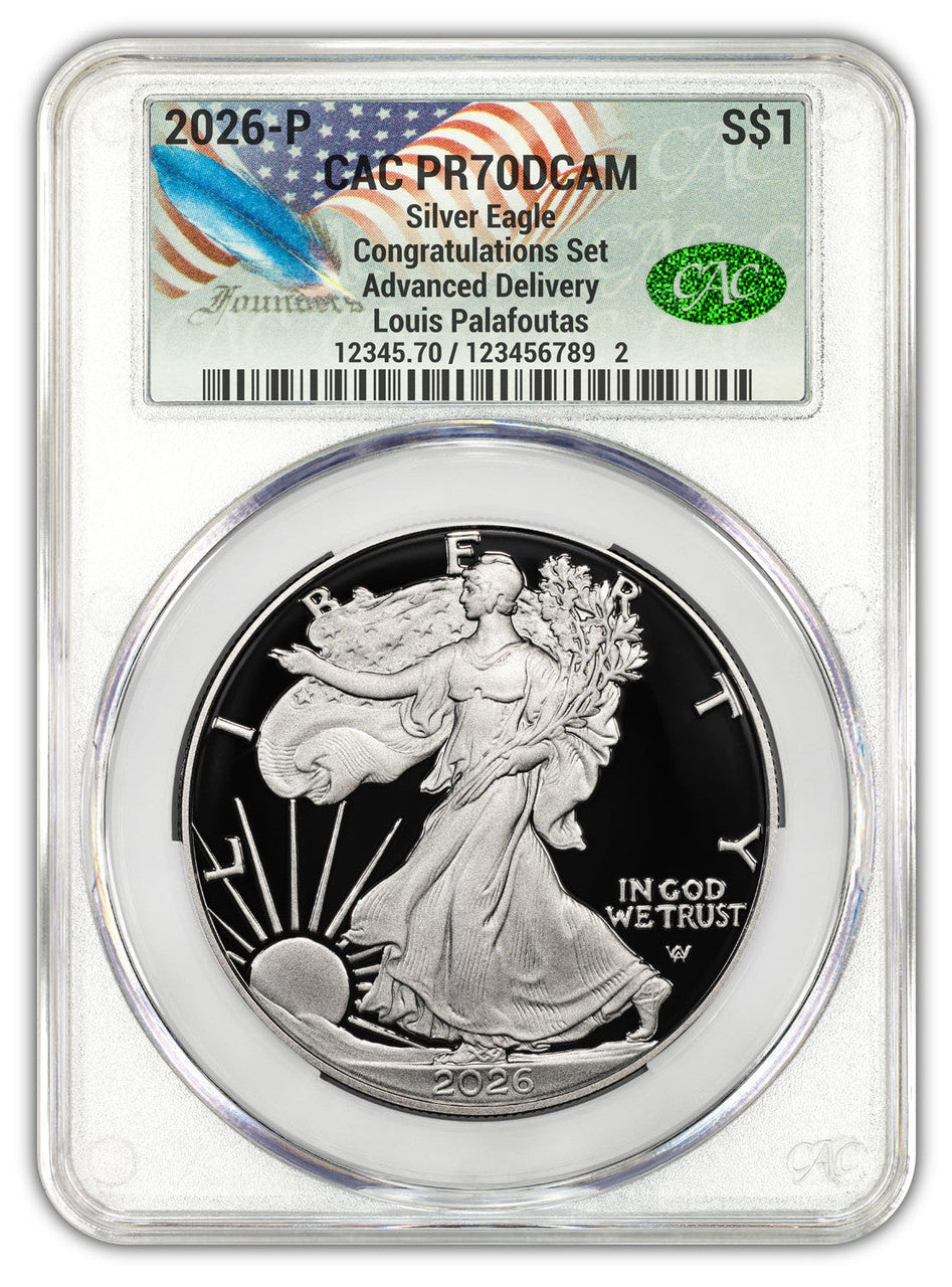 2026-P Proof Silver Eagle Congratulations Set AD CAC PR70 Founders Label