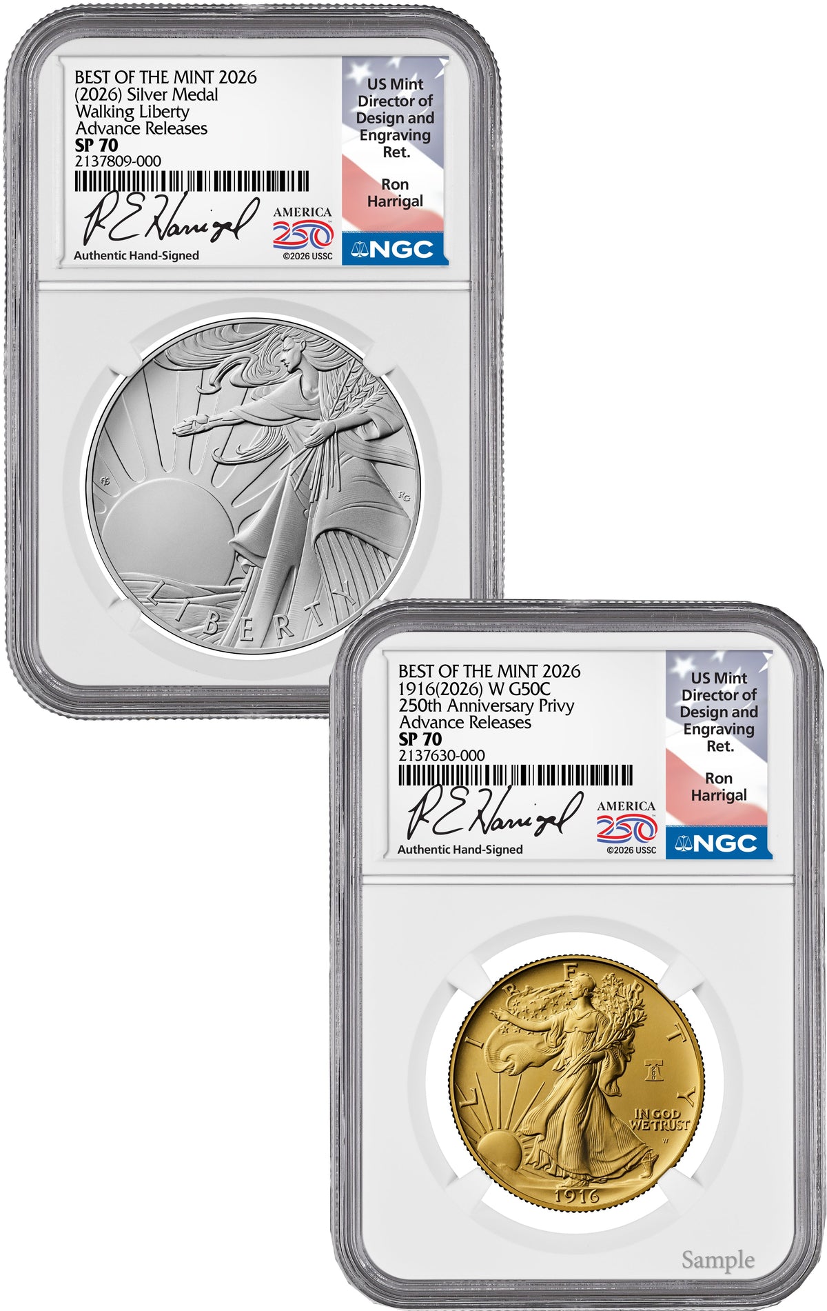 2026-W Best of the Mint 1916 Gold Walking Liberty Half & Silver Medal Set AR NGC SP70 Harrigal