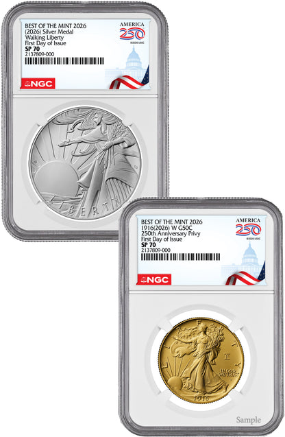 2026-W Gold Walking Liberty Half & Silver Medal Set FDI NGC SP70 Congress