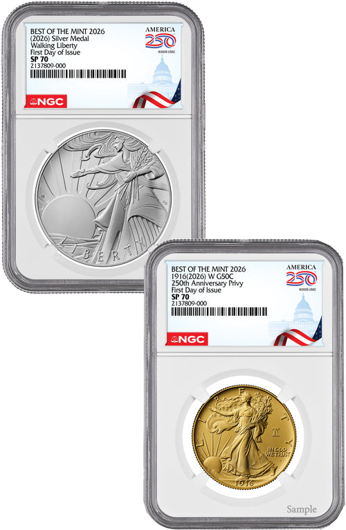 2026-W Gold Walking Liberty Half & Silver Medal Set FDI NGC SP70 Congress