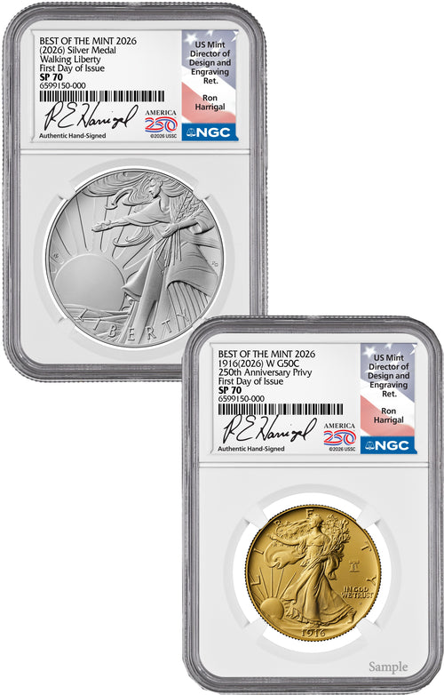 2026-W Gold Walking Liberty Half & Silver Medal Set FDI NGC SP70 Harrigal