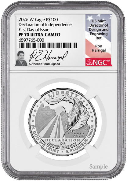 2026-W $100 Platinum Eagle Declaration of Independence FDI NGC PF70 Harrigal