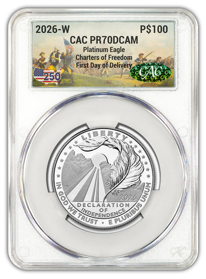 2026-W $100 Platinum Eagle Charters of Freedom FDD CAC PR70