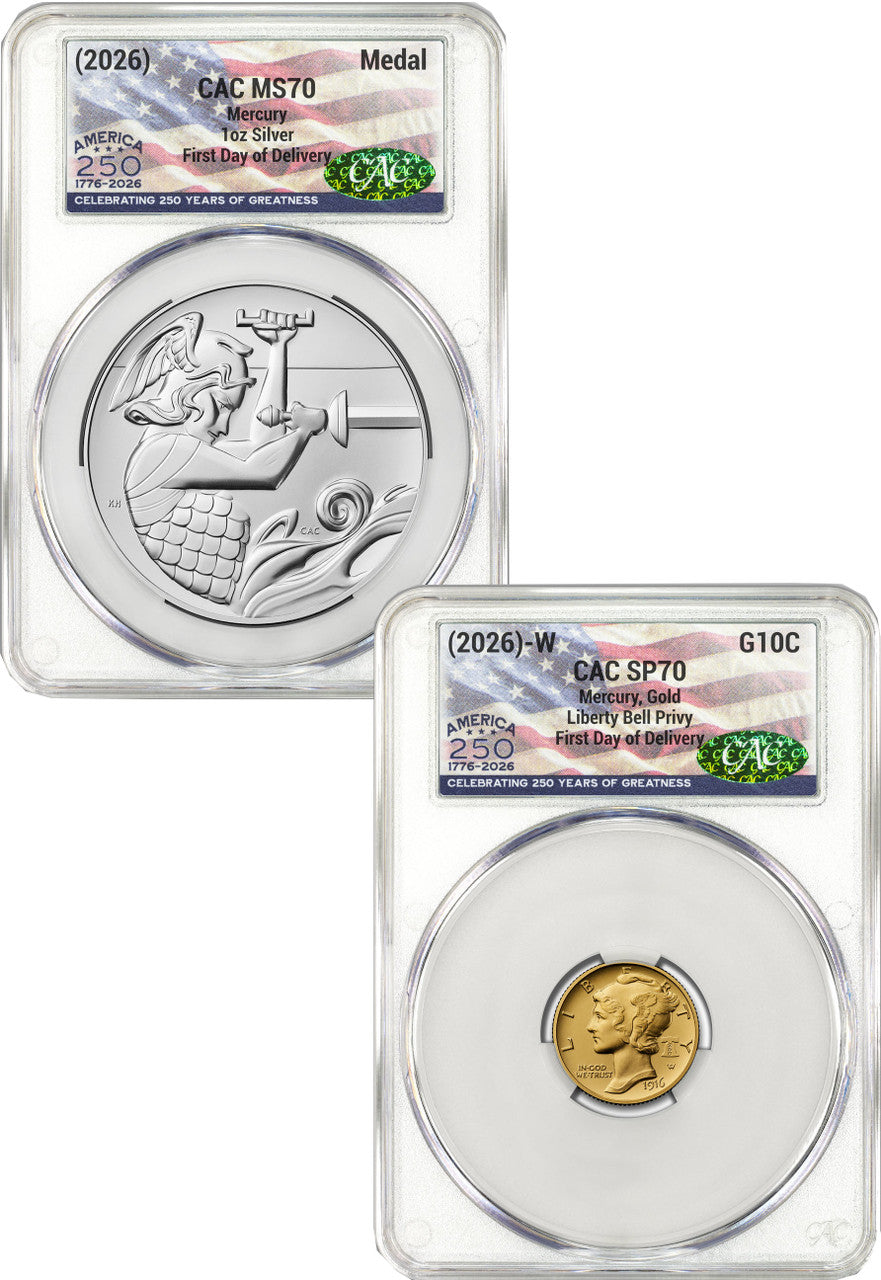 2026-W (P) 1916 Mercury Gold Coin Silver Medal Set FDD 250 Label CAC MS70/SP70 Flag