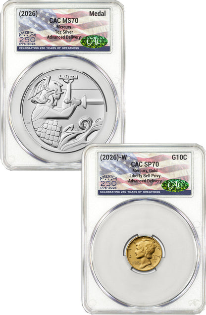 2026-W (P) Mercury Gold Coin Silver Medal Set AD 250 Label CAC MS70/SP70
