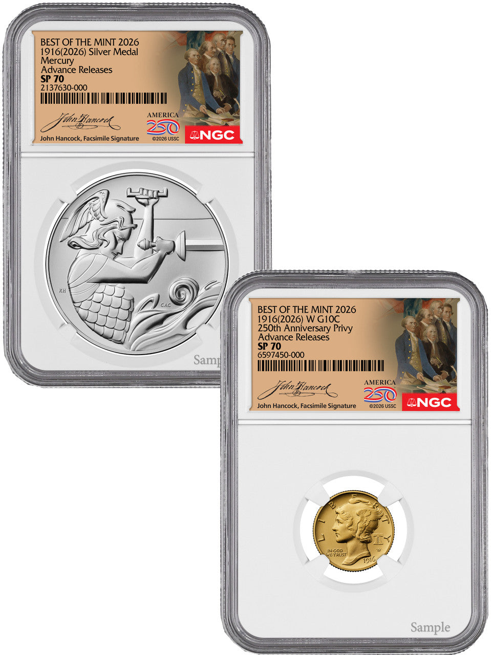 2026-W (P) Mercury Gold Coin Silver Medal Set AR Hancock Label NGC SP70