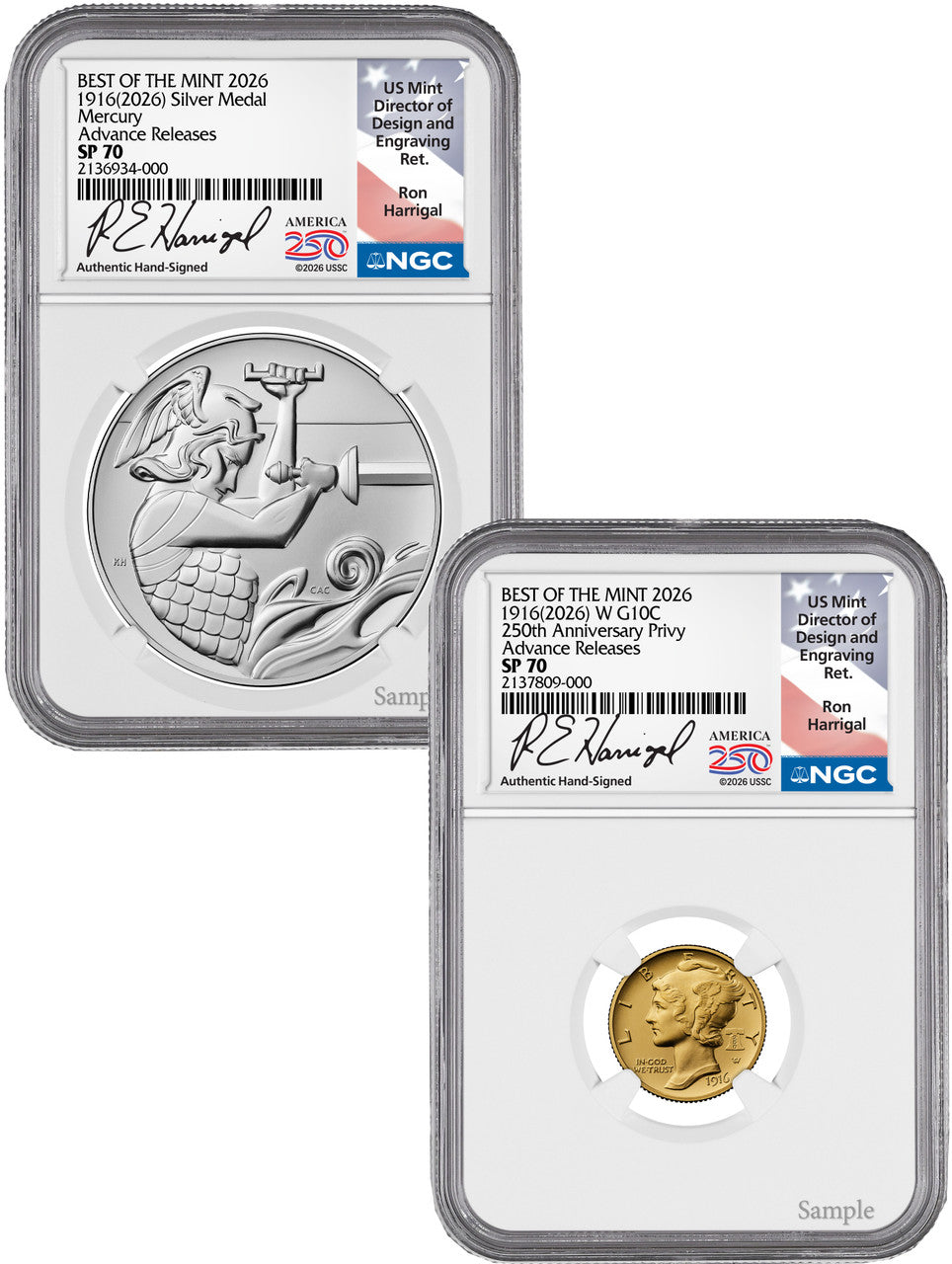 2026-W (P) Mercury Gold Coin Silver Medal Set AR Harrigal Label NGC SP70