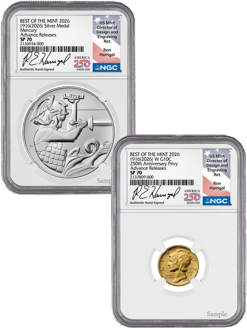 2026-W (P) Mercury Gold Coin Silver Medal Set AR Harrigal Label NGC SP70