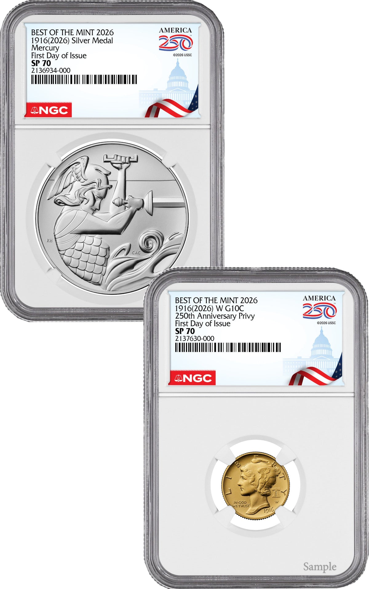 2026-W (P) 1916 Mercury Gold Coin Silver Medal Set FDI NGC SP70 Congress