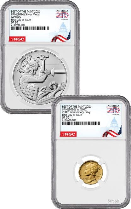 2026-W (P) 1916 Mercury Gold Coin Silver Medal Set FDI NGC SP70 Congress