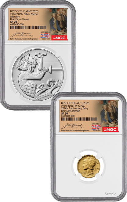 2026-W (P) 1916 Mercury Gold Coin Silver Medal Set FDI NGC SP70 Hancock