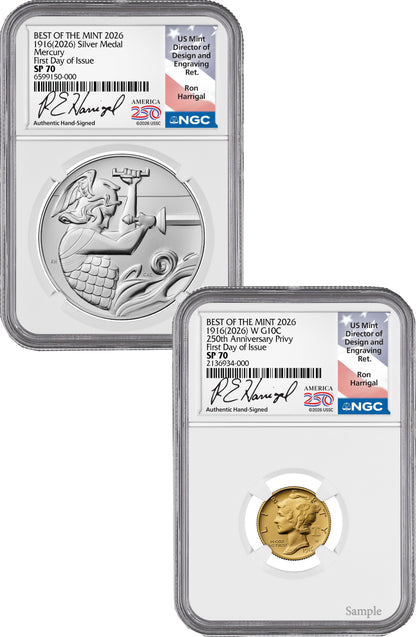 2026-W (P) 1916 Mercury Gold Coin Silver Medal Set FDI NGC SP70 Harrigal