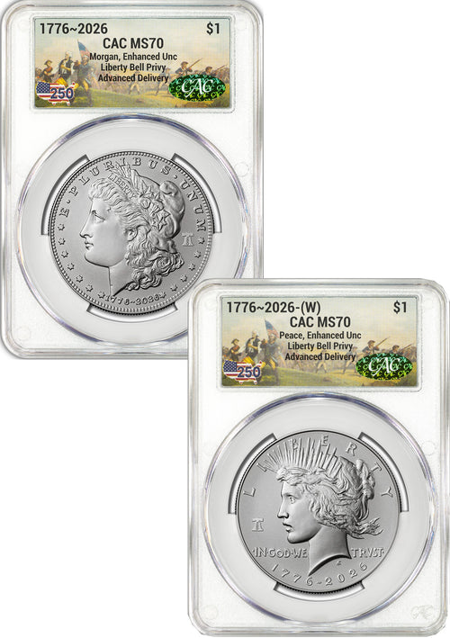 2026-W Morgan and Peace Dollar Enhanced 2-Coin Set CAC MS70 AD Battlefield Label