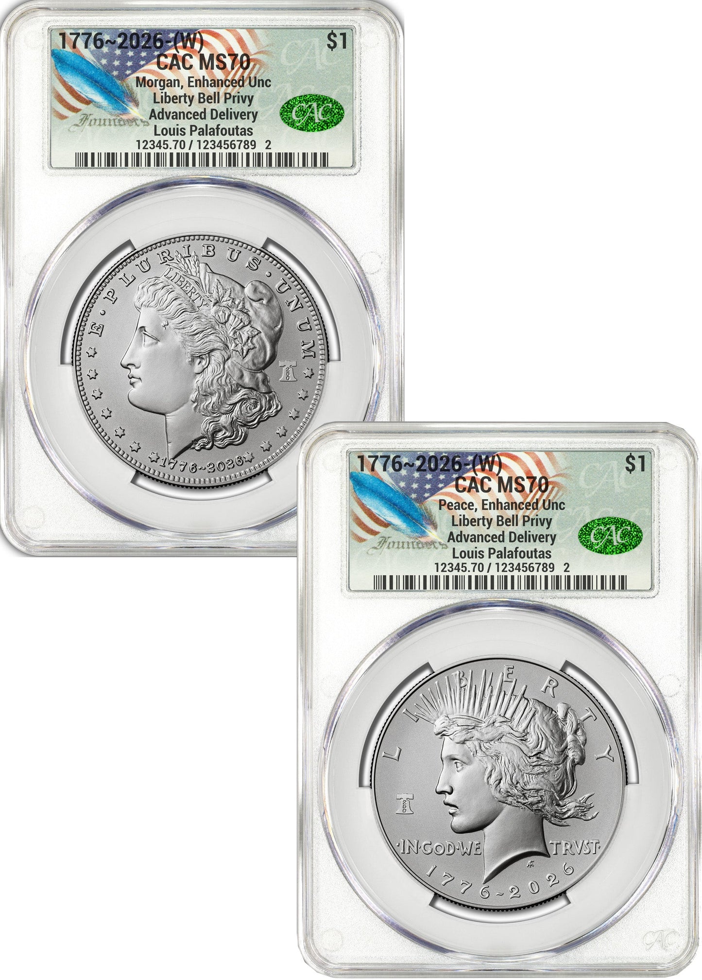 2026-W Morgan and Peace Dollar Enhanced 2-Coin Set CAC MS70 AD Founders Label