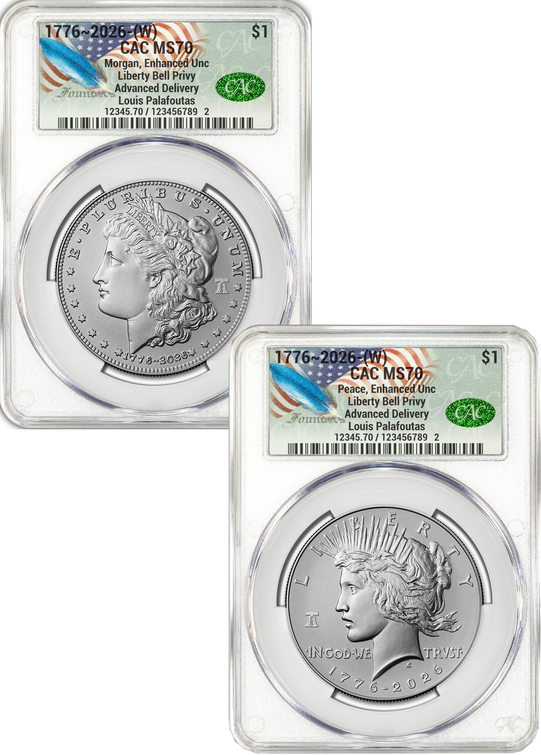 2026-W Morgan and Peace Dollar Enhanced 2-Coin Set CAC MS70 AD Founders Label