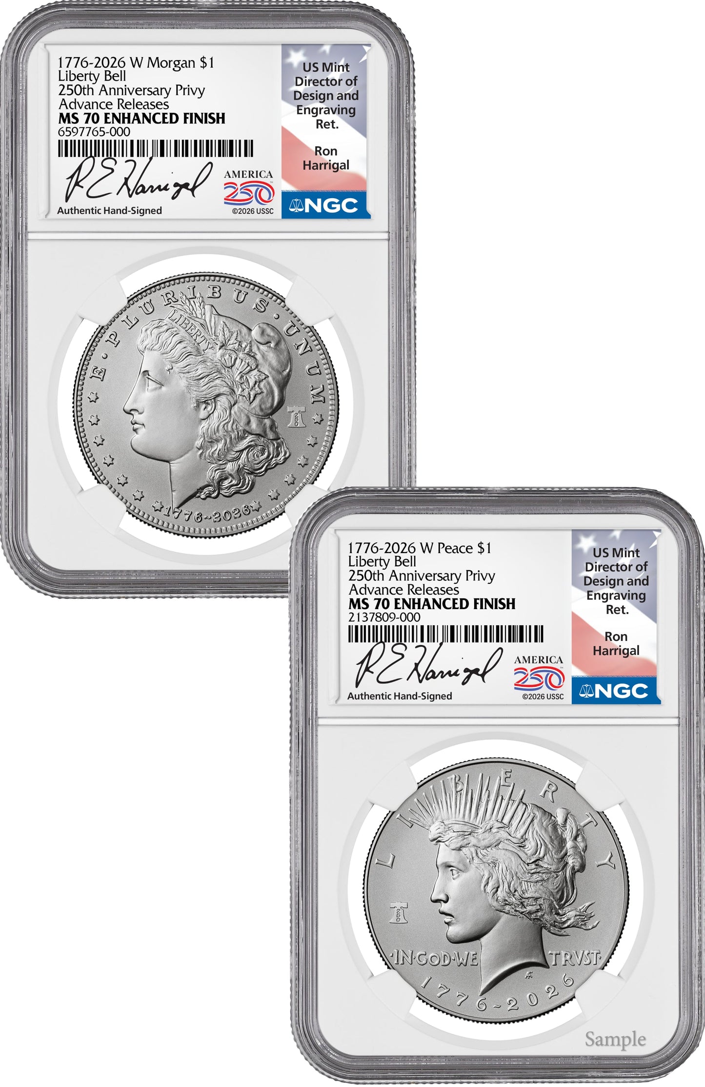 2026-W Morgan and Peace Dollar Enhanced 2-Coin Set NGC MS70 AR Harrigal Label
